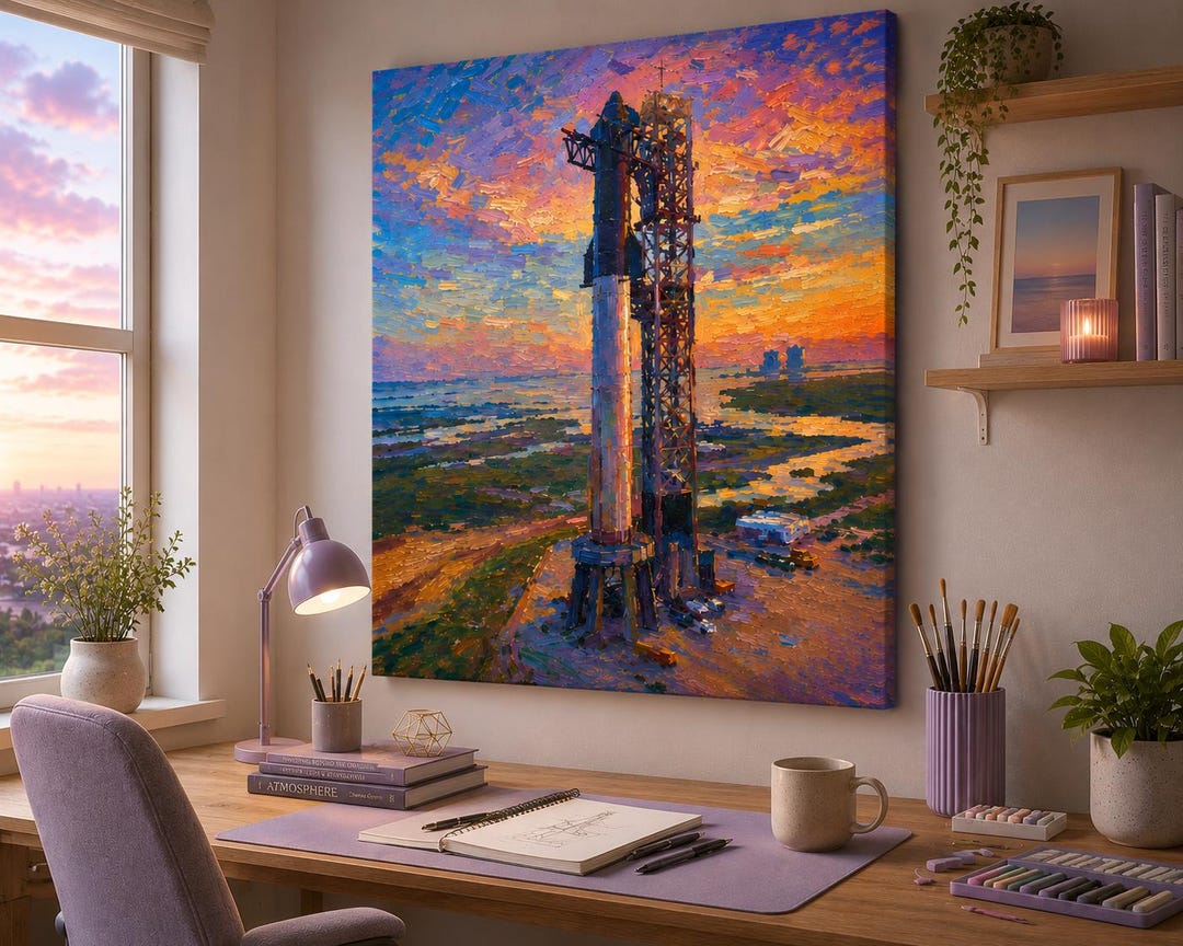 Spacex Super Heavy Canvas Wall Art, Impressionism Rocket Print