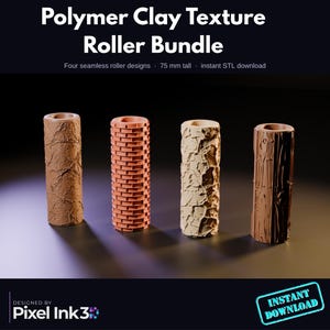Polymer Clay Texture Roller STL Set of 4 - Seamless Embossing Patterns for Pottery & Fondant - Brick, Wood Grain, Leather, Cracked Earth