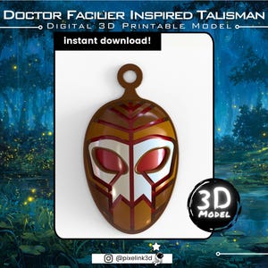 May include: A digital 3D printable model of a Doctor Facilier inspired talisman. The brown, red, and white pendant has a loop at the top and a stylized mask design. The words "instant download!" and "3D MODEL" are also visible.