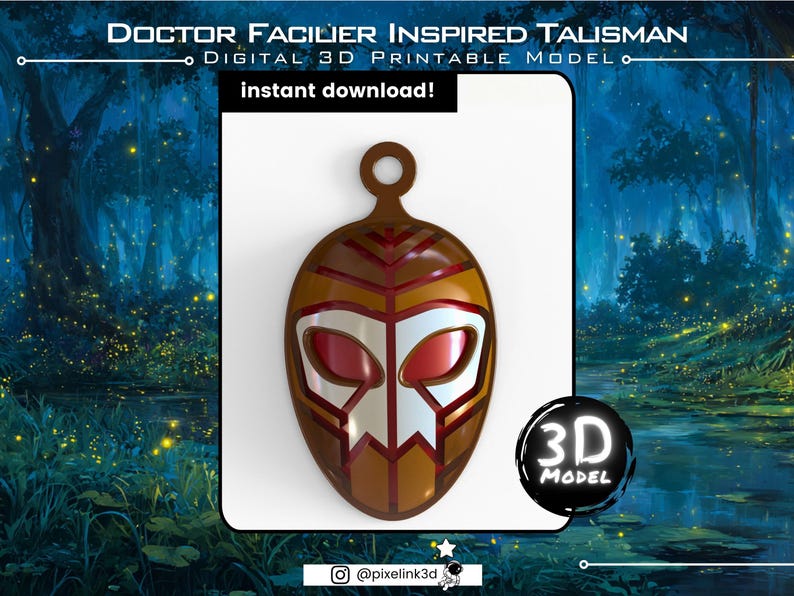May include: A digital 3D printable model of a Doctor Facilier inspired talisman. The brown, red, and white pendant has a loop at the top and a stylized mask design. The words "instant download!" and "3D MODEL" are also visible.