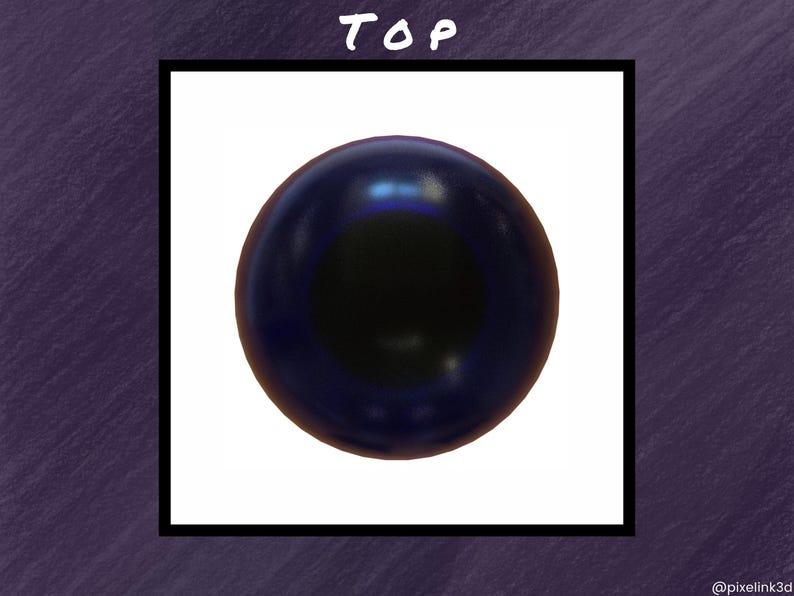Puede incluir: Una esfera azul oscuro con un centro negro, sobre un fondo blanco dentro de un marco negro. La palabra "TOP" est&aacute; escrita en blanco en la parte superior. El fondo es morado texturizado.