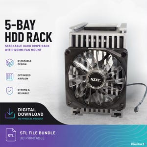 Könnte beinhalten: Ein 5-Bay-HDD-Rack mit 120-mm-Lüfterhalterung. Das Rack ist schwarz und silberfarben, mit dem Text "NZXT" auf dem Lüfter. Das Bild enthält auch den Text "Digitaler Download" und "STL-Dateibündel".