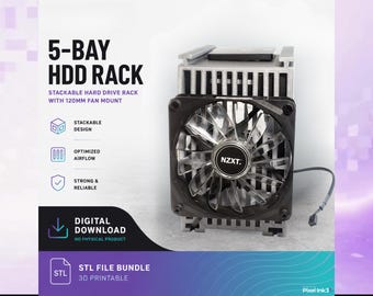 5 Bay 3.5 HDD Rack STL Bundle, Stackable NAS Stand with 120mm Fan Mount
