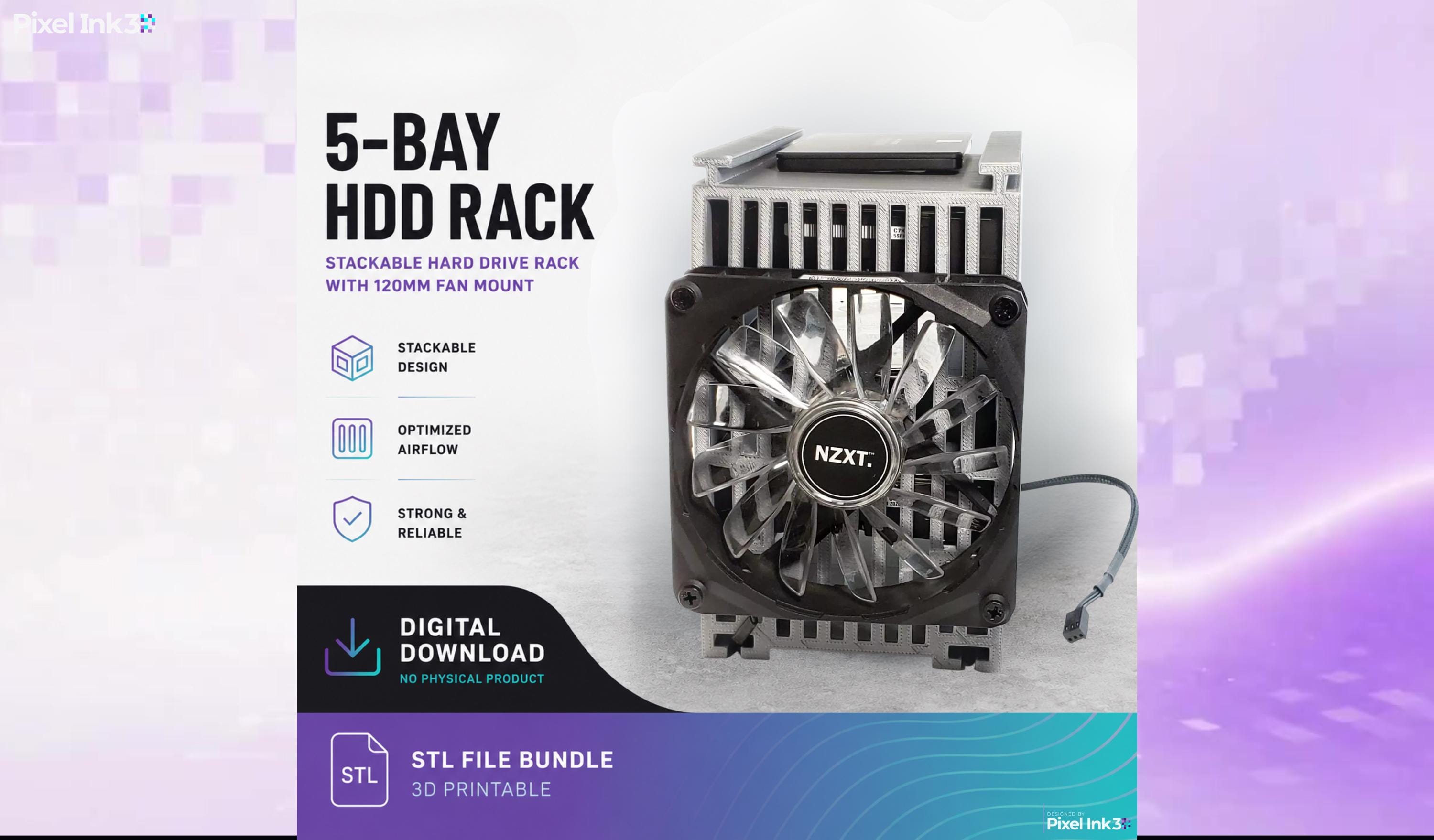 5 Bay 3.5 HDD Rack STL Bundle, Stackable NAS Stand With 120mm Fan