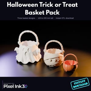 May include: Three Halloween trick or treat baskets in a digital pack. The designs include a white ghost basket, a white mummy basket, and a small orange pumpkin basket. Text reads: Halloween Trick or Treat Basket Pack, 120 to 220 mm tall.