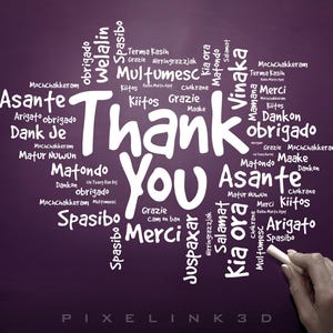 May include: A purple background with the words "Thank You" in large white letters. Surrounding the words are various ways to say thank you in different languages, such as "Merci" and "Grazie". A hand is holding a piece of chalk.