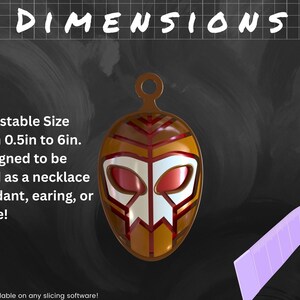 May include: A pendant with a mask design in shades of brown, red, and white. The text on the image reads "DIMENSIONS" and "Adjustable Size from 0.5in to 6in." The pendant is designed to be used as a necklace, earring, or more.