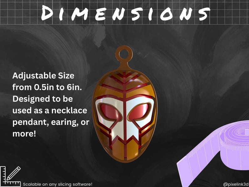 May include: A pendant with a mask design in shades of brown, red, and white. The text on the image reads "DIMENSIONS" and "Adjustable Size from 0.5in to 6in." The pendant is designed to be used as a necklace, earring, or more.