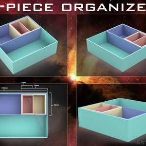 May include: A 4-piece organizer with four compartments. The organizer is made of light blue plastic and has a light blue, pink, and beige interior. The organizer is 130mm x 130mm x 72mm.
