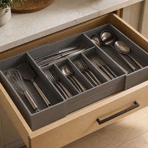 Puede incluir: Un organizador de cajón de cocina gris con varios compartimentos para cubiertos y utensilios de cocina. El organizador gris se encuentra dentro de un cajón de madera, con tenedores, cuchillos, cucharas y cucharas de servir de acero inoxidable visibles. También hay un batidor y una espátula.