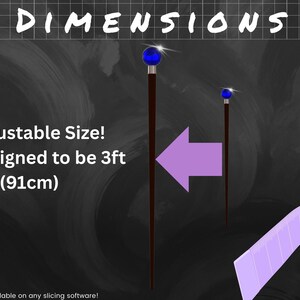 Puede incluir: Imagen de un bast&oacute;n marr&oacute;n oscuro con un orbe azul en la parte superior. El texto indica que el bast&oacute;n es ajustable y est&aacute; dise&ntilde;ado para medir 91 cm de alto. Una flecha morada apunta al bast&oacute;n y una cinta m&eacute;trica est&aacute; en la esquina.