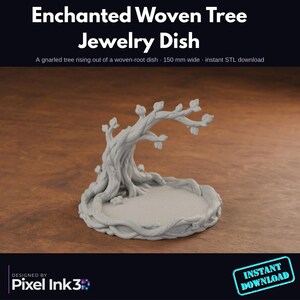 May include: A light grey jewellery dish featuring a gnarled tree with leaves rising from a base of woven roots. The text "Enchanted Woven Tree Jewelry Dish" and "A gnarled tree rising out of a woven-root dish - 150 mm wide - instant STL download" is visible.
