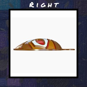 May include: A brown, white, and red decorative object with a curved shape and a small, flat extension. The word "RIGHT" is written in white at the top of the image. The background is a colorful, textured pattern.