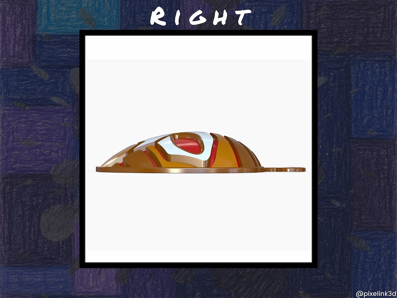 May include: A brown, white, and red decorative object with a curved shape and a small, flat extension. The word "RIGHT" is written in white at the top of the image. The background is a colorful, textured pattern.