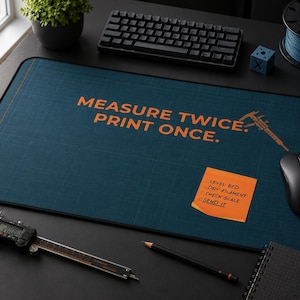 May include: A dark teal desk mat with the text "MEASURE TWICE. PRINT ONCE." in orange. A digital caliper, mouse, keyboard, and other accessories are on the desk. A sticky note reads "LEVEL BED, DRY FILAMENT, CHECK SCALE, SEND IT."