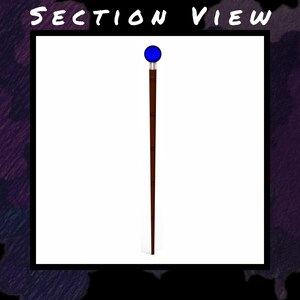 Puede incluir: Vista seccional de un bast&oacute;n. El bast&oacute;n tiene un eje marr&oacute;n oscuro, un collar plateado y una parte superior esf&eacute;rica azul. El texto "SECTION VIEW" est&aacute; en la parte superior de la imagen.