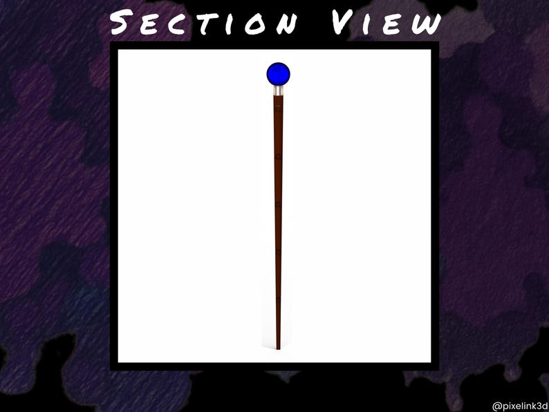 Puede incluir: Vista seccional de un bast&oacute;n. El bast&oacute;n tiene un eje marr&oacute;n oscuro, un collar plateado y una parte superior esf&eacute;rica azul. El texto "SECTION VIEW" est&aacute; en la parte superior de la imagen.