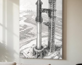 SpaceX Starship Wall Art, Graphite Sketch, Super Heavy Booster Starbase, 24x36 Living Room Canvas