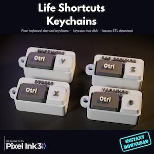 May include: Four white rectangular keycap keychains with dark gray Ctrl keys and white letter keys. Each keychain features text labels including Happiness, Bad Decision, Stress, and Vacation. The keycaps are designed to click when pressed.