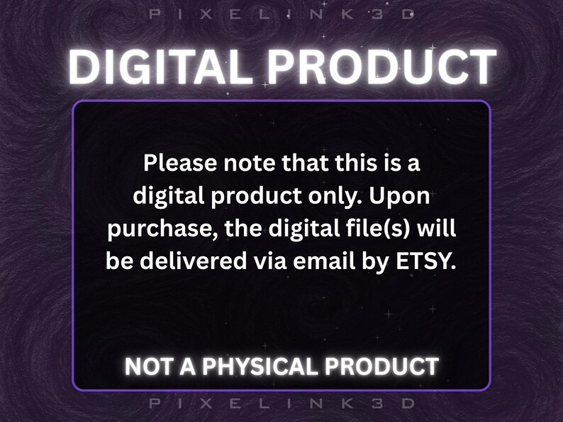 May include: A digital product announcement with the text "DIGITAL PRODUCT" in white letters. The image includes a black rectangle with white text stating the product is digital and delivered via email by Etsy. The words "NOT A PHYSICAL PRODUCT" are also displayed.