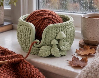 Woodland Knit Yarn Bowl STL – Chunky Stitch, Mushrooms, Leaves (Instant Download)