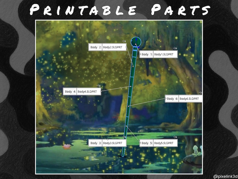 Puede incluir: Ilustraci&oacute;n con el texto "PRINTABLE PARTS" en la parte superior. La imagen muestra un objeto estilizado y alargado con etiquetas para diferentes partes del "Cuerpo", sobre un fondo pantanoso y fant&aacute;stico. Las etiquetas incluyen "Body 1", "Body 2", "Body 3", "Body 4", "Body 5" y "Body 6".