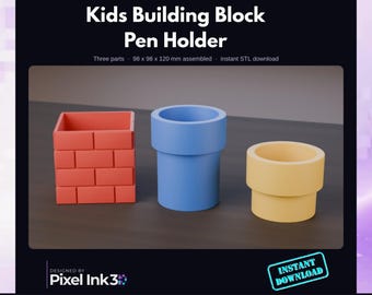 Kids Building Block Pen Holder | Stacking Brick Desk Organizer (STL File)