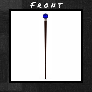 Puede incluir: Un bast&oacute;n con un eje marr&oacute;n oscuro y un mango de orbe azul. La palabra "FRONT" est&aacute; escrita en blanco en la parte superior de la imagen. El bast&oacute;n est&aacute; centrado sobre un fondo blanco.