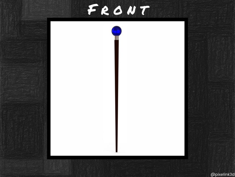 Puede incluir: Un bast&oacute;n con un eje marr&oacute;n oscuro y un mango de orbe azul. La palabra "FRONT" est&aacute; escrita en blanco en la parte superior de la imagen. El bast&oacute;n est&aacute; centrado sobre un fondo blanco.