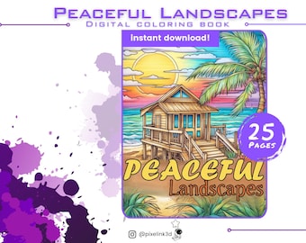 Libro da colorare di paesaggi - 25 pagine stampabili con paesaggi rilassanti - PDF