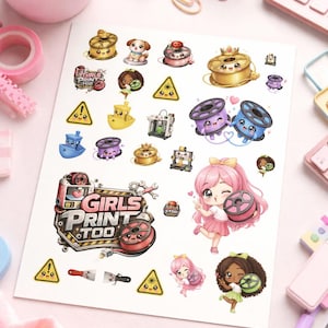 Puede incluir: Una hoja de pegatinas coloridas con varios diseños relacionados con la impresión 3D. Las pegatinas incluyen personajes de dibujos animados, modelos de impresoras 3D, bobinas de filamento y el texto "GIRLS PRINT TOO".