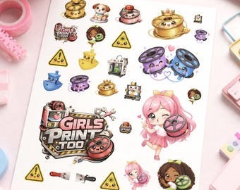 Kawaii 3D Printer Sticker Sheet | Water-Resistant Vinyl Die-Cut Maker Stickers (8.5x11")
