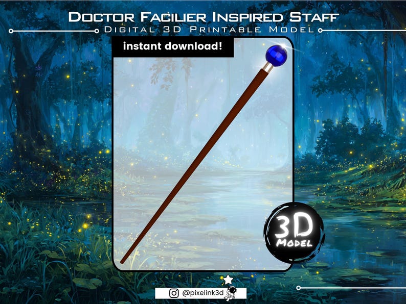 Puede incluir: Un modelo digital imprimible en 3D del bast&oacute;n del Doctor Facilier. El bast&oacute;n tiene un eje marr&oacute;n oscuro con una banda plateada y un orbe azul en la parte superior. Se muestran las palabras "descarga instant&aacute;nea".