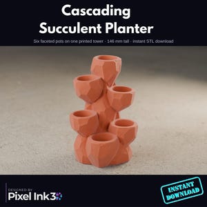 Cascading Succulent Planter STL | 6 Pot Geometric Low Poly Tower | 3D Print Home Decor File