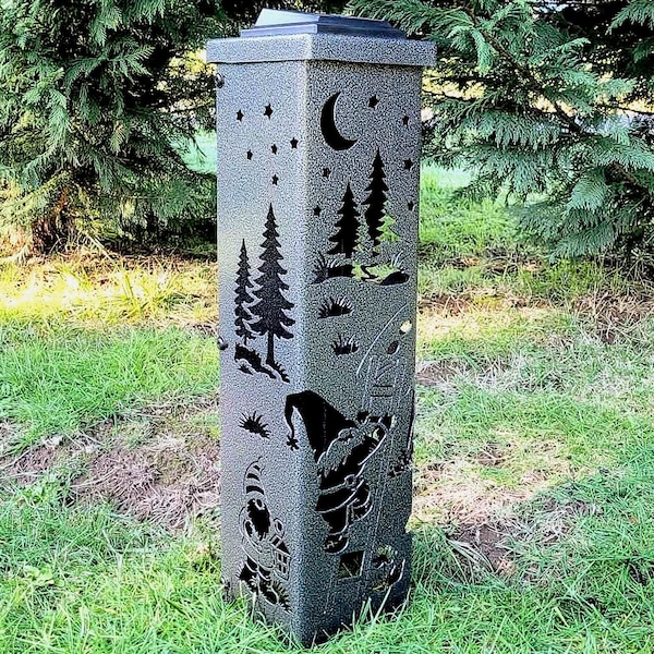 Solar Garden Lantern Column – Metal Yard Art with Gnome Silhouette