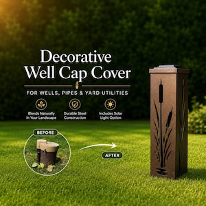 May include: A brown square metal well cap cover featuring a laser-cut cattail design. The text reads Decorative Well Cap Cover for Wells, Pipes & Yard Utilities. It includes icons for Blends Naturally, Durable Steel Construction, and Solar Light Option.