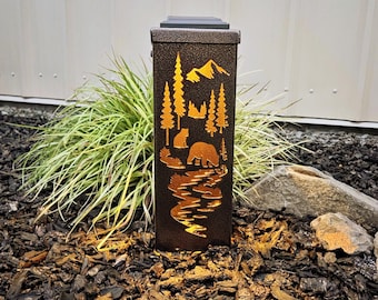 Bear & Moose Metal Garden Column Light, Forest Wildlife Decor, Solar Lantern Post, Rustic Outdoor Yard Art, Well cap