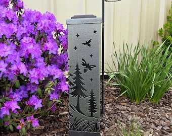 Firefly Forest Metal Column Light, Rustic Yard Art, Solar Pathway Lighting, Cabin Decor