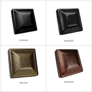 May include: Four square metal post caps shown in different finishes. Top left is flat black, top right is gloss black, bottom left is gold vein with a textured finish, and bottom right is copper vein with a textured finish. Each cap is square.