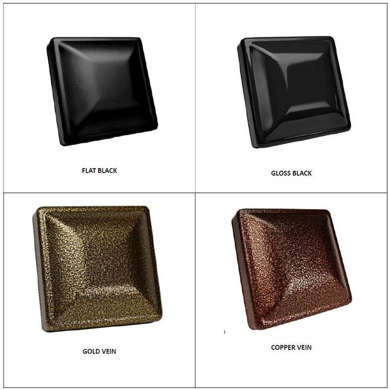 May include: Four square metal post caps shown in different finishes. Top left is flat black, top right is gloss black, bottom left is gold vein with a textured finish, and bottom right is copper vein with a textured finish. Each cap is square.