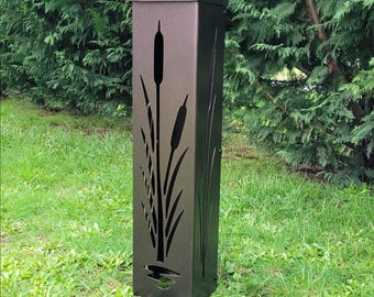 Cattail Solar Garden Column, Well Cover – Handmade Metal Lantern, Outdoor Steel Yard Light