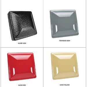 May include: Four square metal plates displayed in a grid. The top left is black with a textured silver vein finish. The top right is a smooth gray labeled "TENNESSE GRAY". The bottom left is a smooth gloss red. The bottom right is a smooth sand yellow.