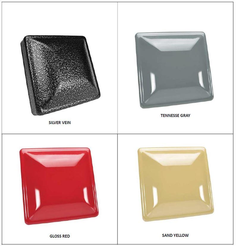 May include: Four square metal plates displayed in a grid. The top left is black with a textured silver vein finish. The top right is a smooth gray labeled "TENNESSE GRAY". The bottom left is a smooth gloss red. The bottom right is a smooth sand yellow.