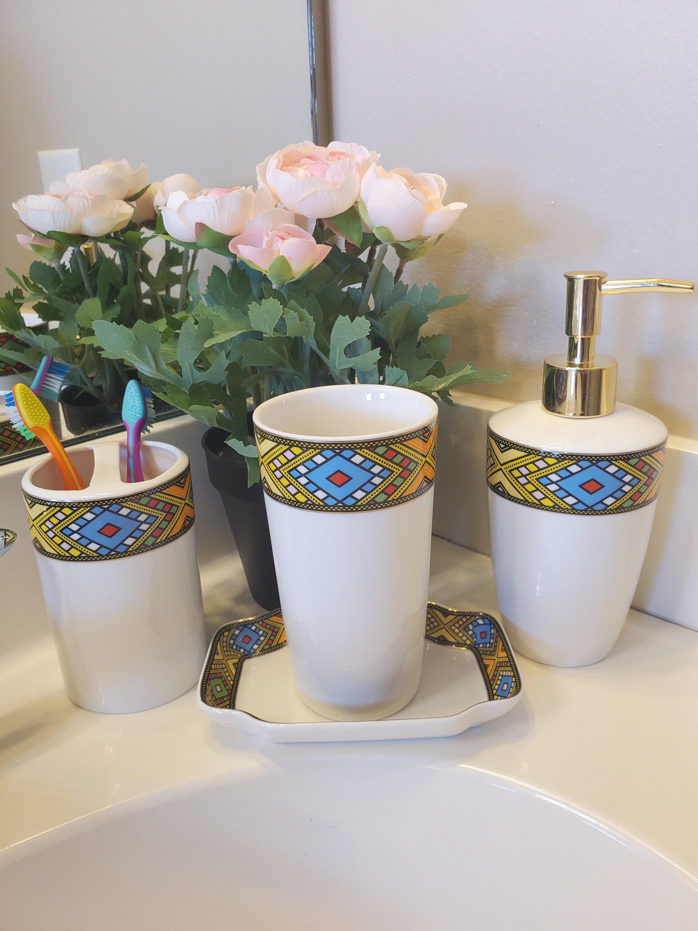 Ethiopian and Eritrean 4 Pieces Bathroom Set With Soap Dispenser