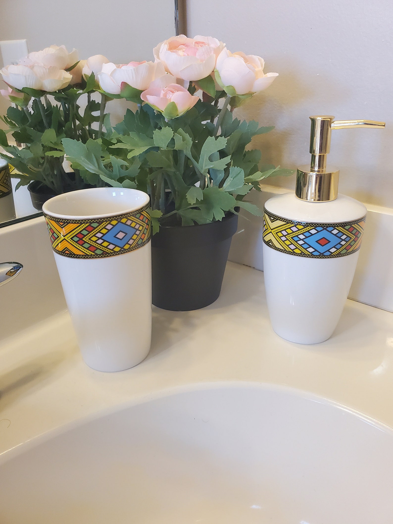 Ethiopian and Eritrean 4 Pieces Bathroom Set With Soap Dispenser