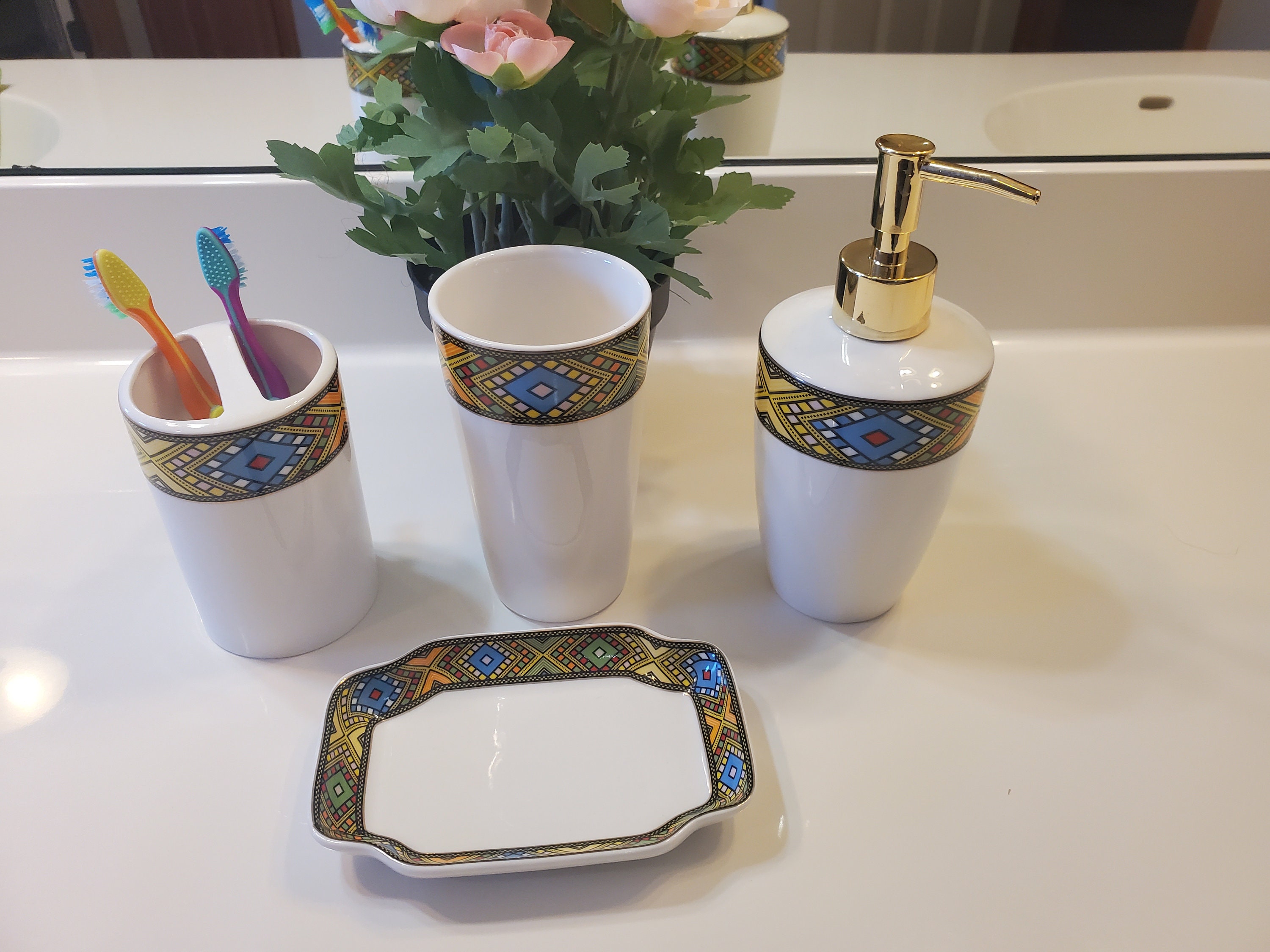 Ethiopian and Eritrean 4 Pieces Bathroom Set With Soap Dispenser