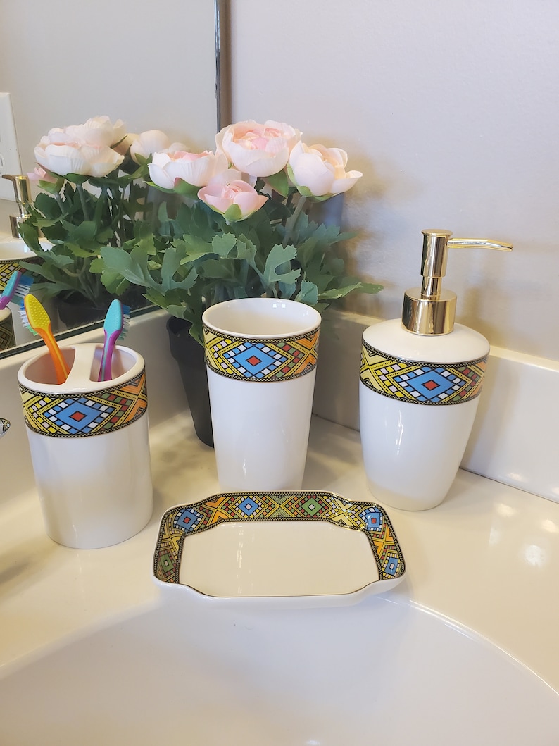 Ethiopian and Eritrean 4 Pieces Bathroom Set With Soap Dispenser
