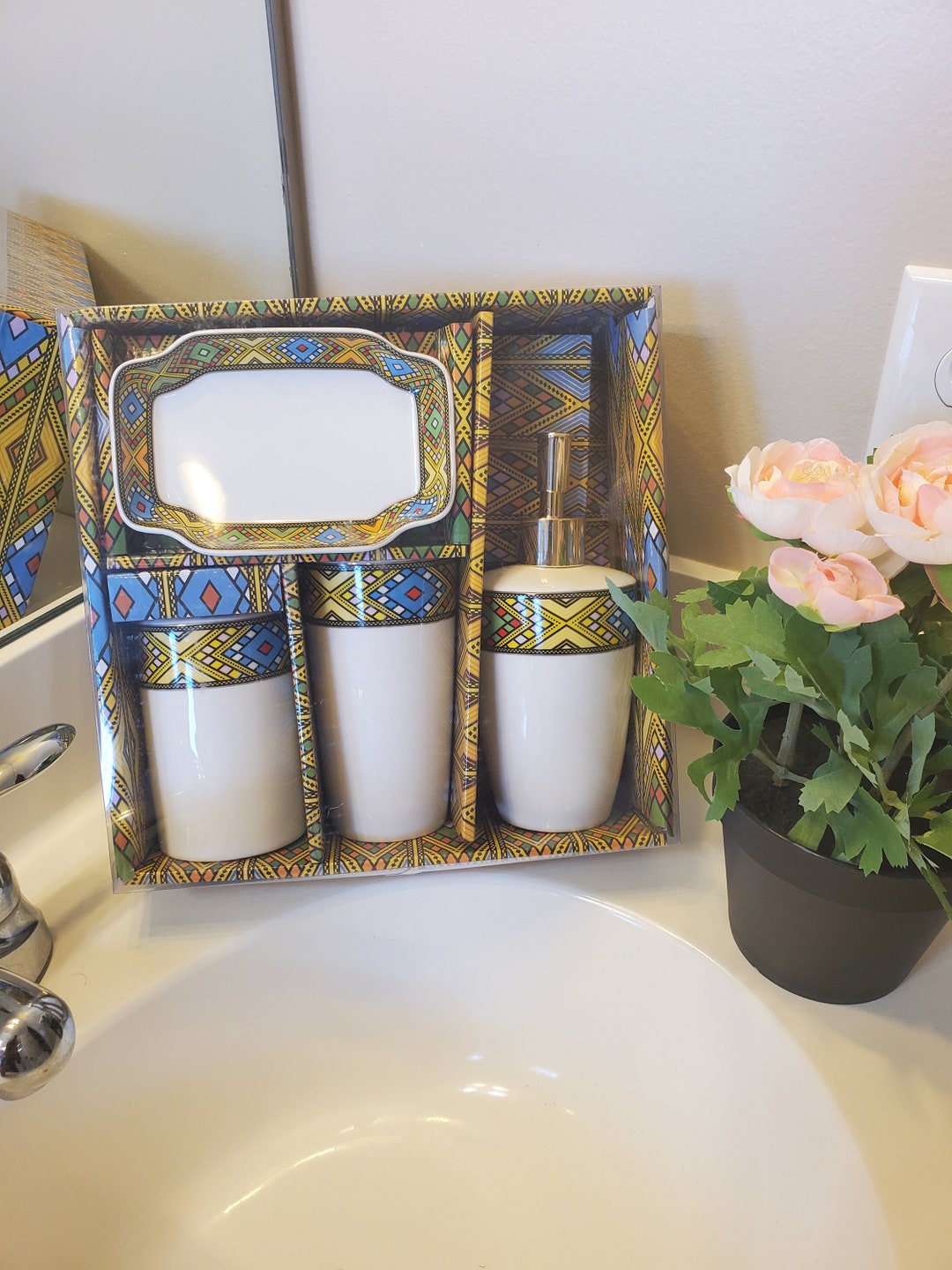 Ethiopian and Eritrean 4 Pieces Bathroom Set With Soap Dispenser
