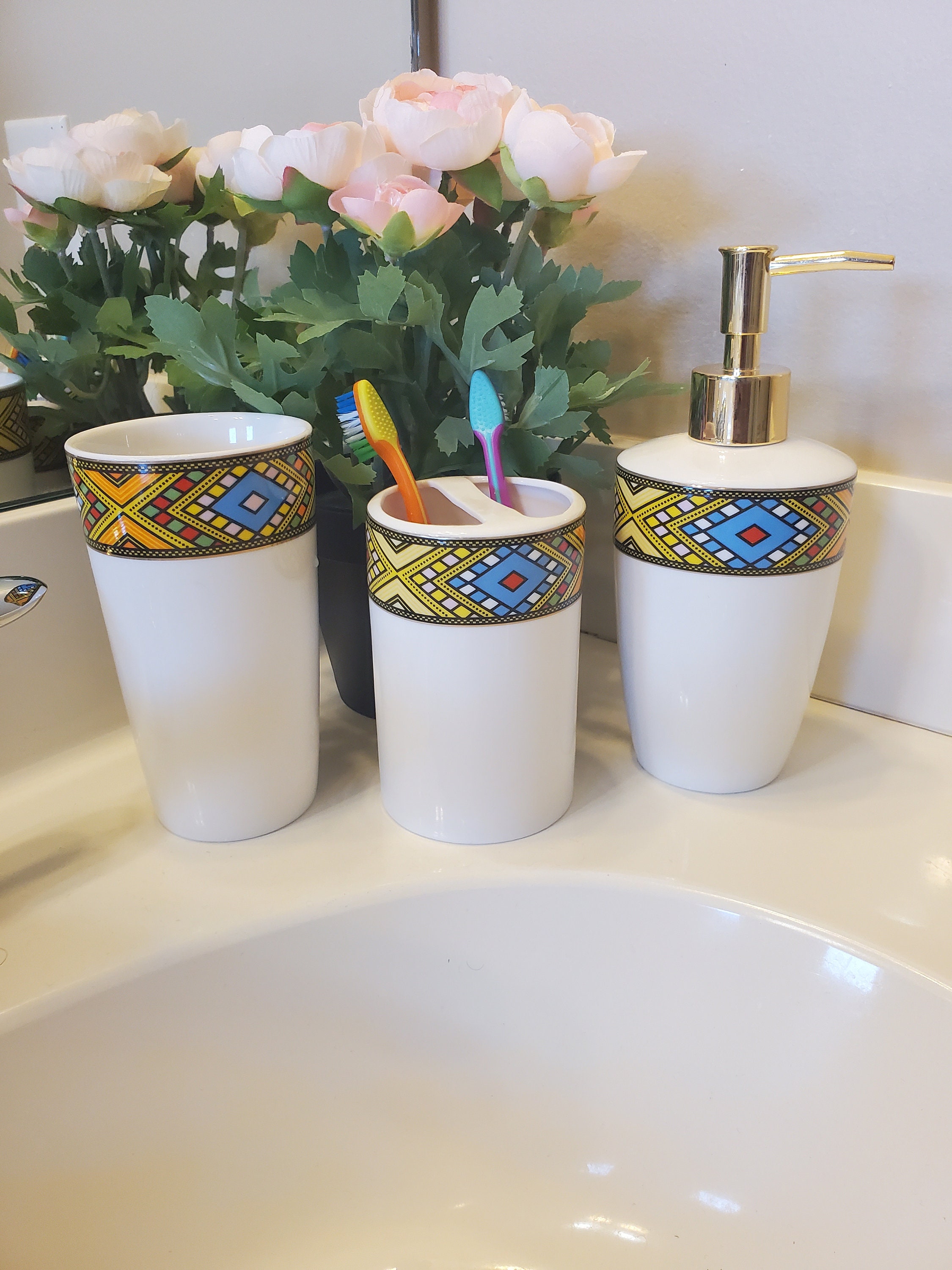 Ethiopian and Eritrean 4 Pieces Bathroom Set With Soap Dispenser