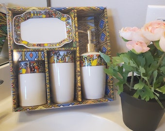 Ethiopian and Eritrean 4 pieces bathroom set Etege Queen of Sheba- with Soap Dispenser, Toothbrush Holder, Tumbler, Soap Dish